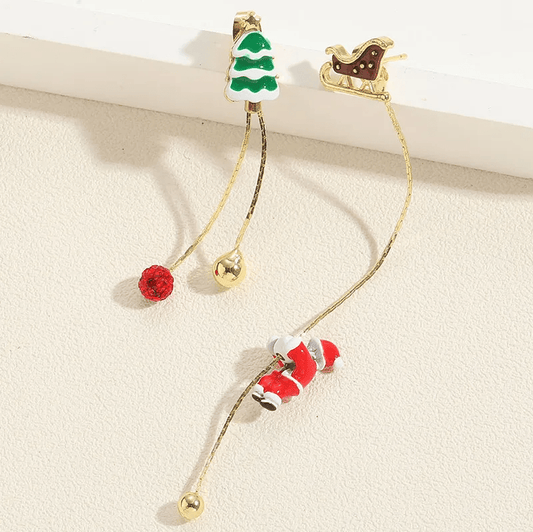 Asymmetric Santa & Sleigh Drop Earrings - Earrings - 18k Gold Plated Waterproof Jewellery - Collection 9