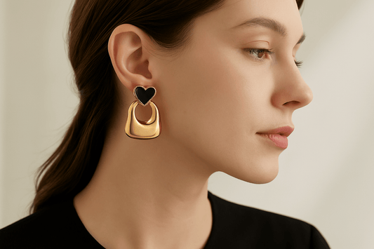 Black Heart U Shape Drop Earrings - Earrings - 18k Gold Plated Waterproof Jewellery - Collection 9
