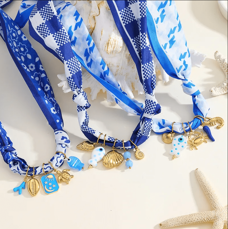 Blue Checkered Ocean Multi-Charm Scarf Necklace - Jewelry - 18k Gold Plated Waterproof Jewellery - Collection 9