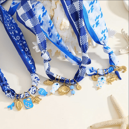 Blue Checkered Ocean Multi-Charm Scarf Necklace - Jewelry - 18k Gold Plated Waterproof Jewellery - Collection 9