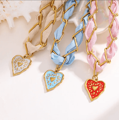 Blue Enamel Heart Paperclip Chain Scarf Necklace - Jewelry - 18k Gold Plated Waterproof Jewellery - Collection 9