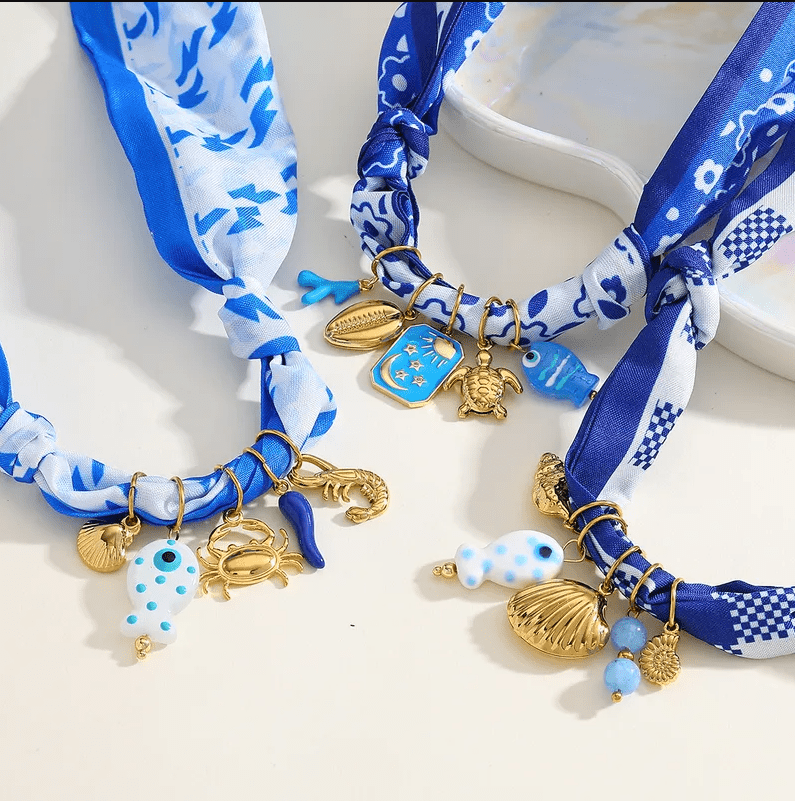 Blue Floral Ocean Multi-Charm Scarf Necklace - Jewelry - 18k Gold Plated Waterproof Jewellery - Collection 9