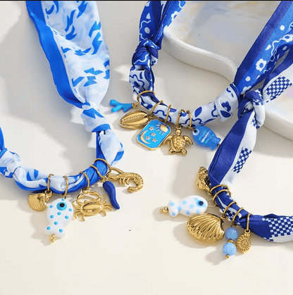 Blue Floral Ocean Multi-Charm Scarf Necklace - Jewelry - 18k Gold Plated Waterproof Jewellery - Collection 9