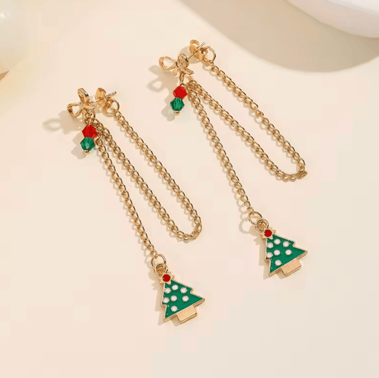 Bow & Christmas Tree Chain Tassel Earrings - Earrings - 18k Gold Plated Waterproof Jewellery - Collection 9