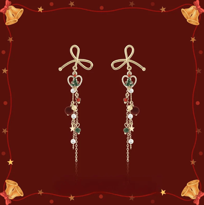 Bow Heart & Crystal Chain Tassel Earrings - Earrings - 18k Gold Plated Waterproof Jewellery - Collection 9
