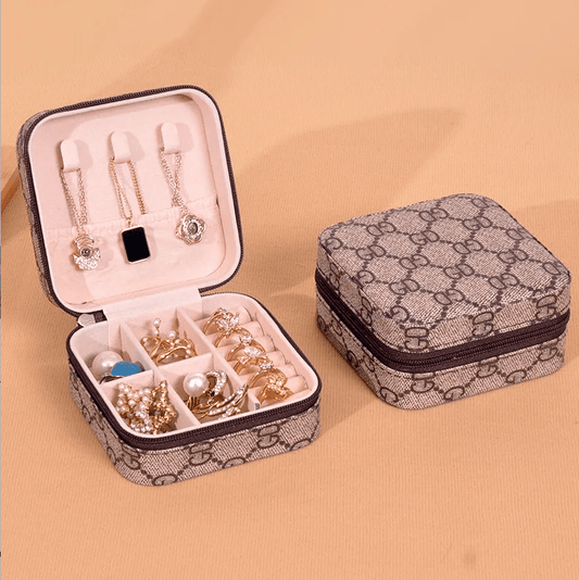 Brown Designer Cross Pattern Luxury Travel Jewellery Box - Jewellery Boxes - 18k Gold Plated Waterproof Jewellery - Collection 9