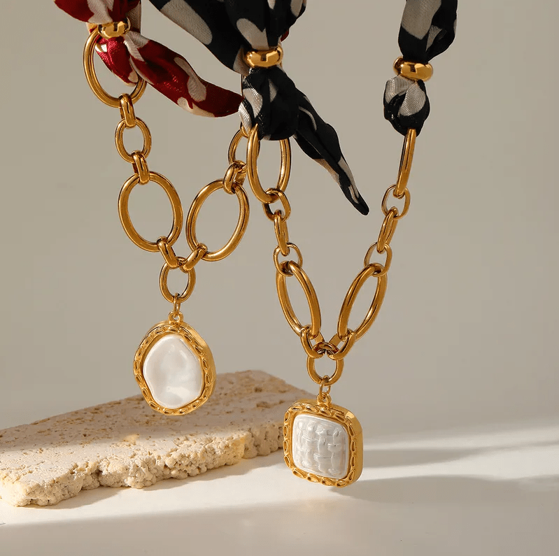 Burgundy Pearl Oval Chain Scarf Necklace - Jewelry - 18k Gold Plated Waterproof Jewellery - Collection 9