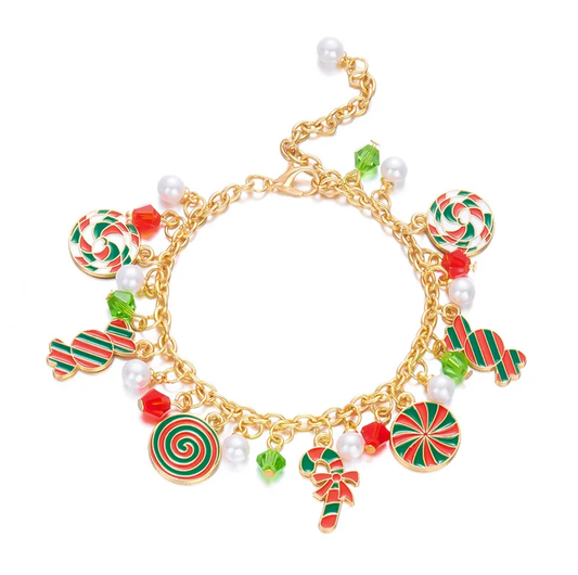 Candy Cane & Pearl Charm Bracelet - Bracelets - 18k Gold Plated Waterproof Jewellery - Collection 9