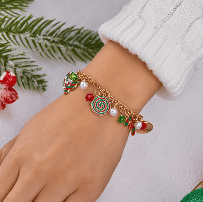 Candy Cane & Pearl Charm Bracelet - Bracelets - 18k Gold Plated Waterproof Jewellery - Collection 9