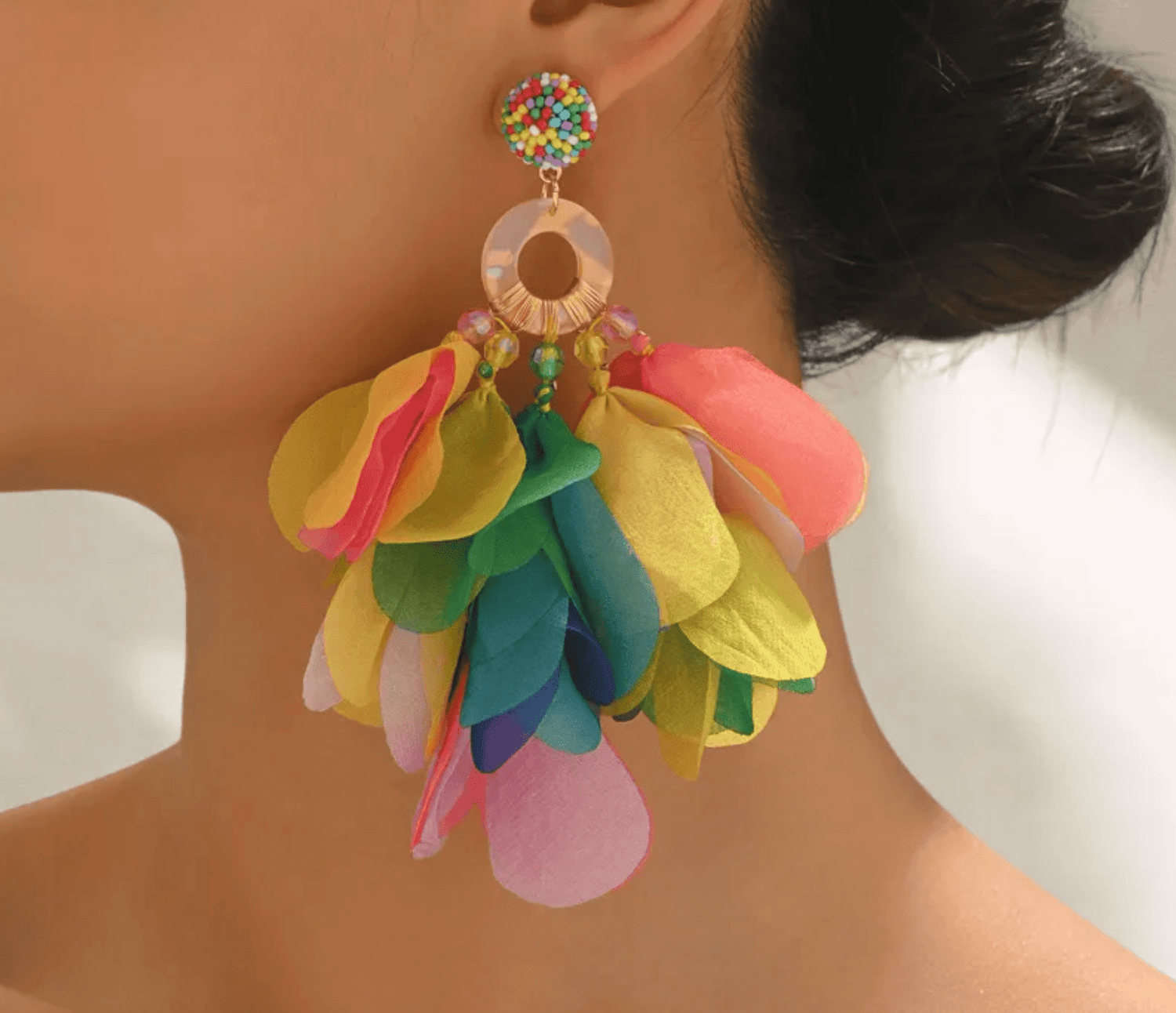 Chiffon Petal Bloom & Beaded Ring Drop Earrings - Drop Earrings - 18k Gold Plated Waterproof Jewellery - Collection 9