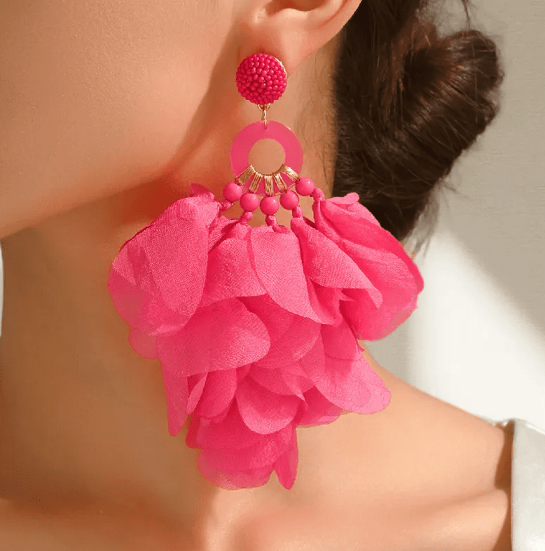 Chiffon Petal Bloom & Beaded Ring Drop Earrings - Drop Earrings - 18k Gold Plated Waterproof Jewellery - Collection 9