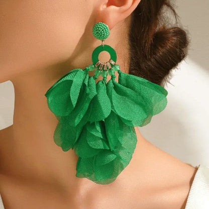 Chiffon Petal Bloom & Beaded Ring Drop Earrings - Drop Earrings - 18k Gold Plated Waterproof Jewellery - Collection 9