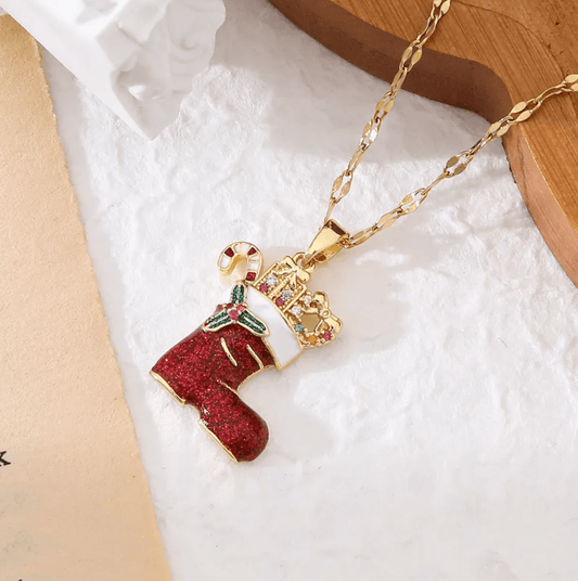 Christmas Stocking & Candy Cane Pendant Necklace - Necklaces - 18k Gold Plated Waterproof Jewellery - Collection 9