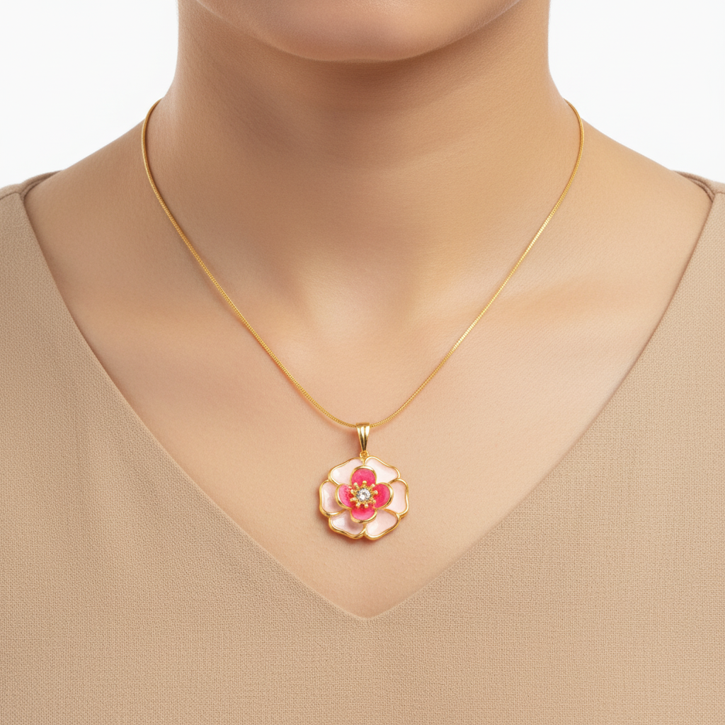 Pink Flower Pendant Necklace - Jewelry - 18k Gold Plated Waterproof Jewellery - Collection 9