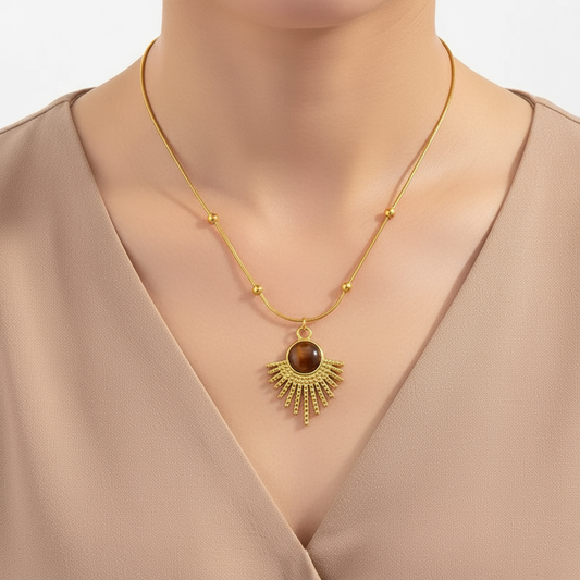 Sunburst Stone Pendant Necklace - Jewelry - 18k Gold Plated Waterproof Jewellery - Collection 9