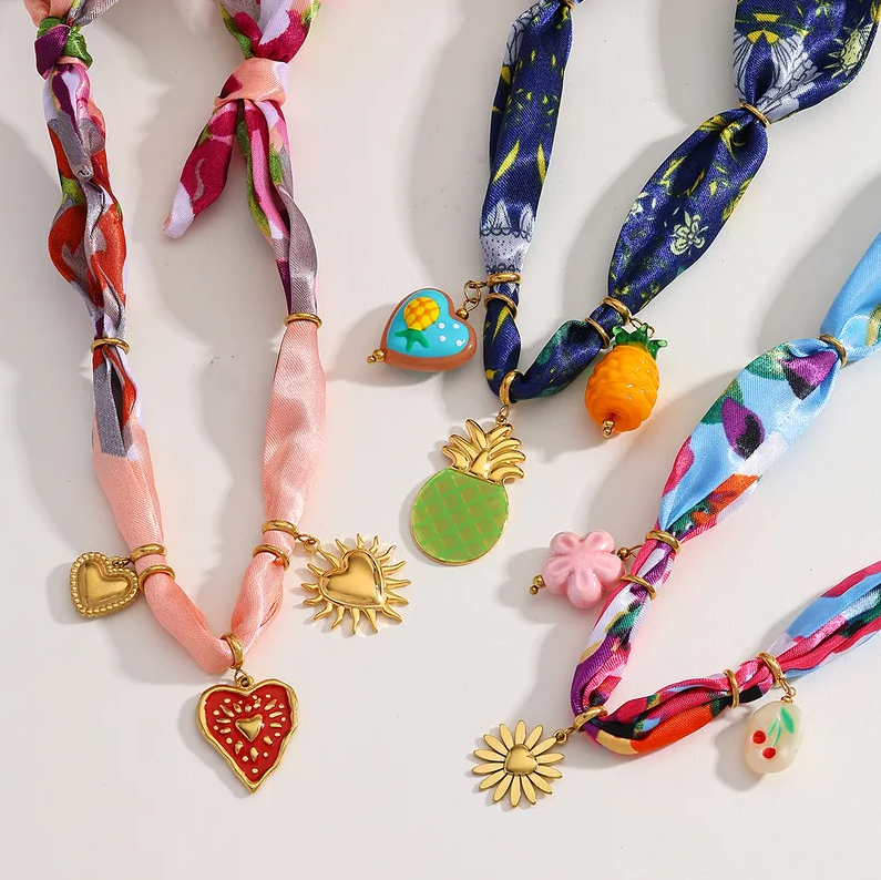 Colorful Flower Cherry Multi-Charm Scarf Necklace - Jewelry - 18k Gold Plated Waterproof Jewellery - Collection 9