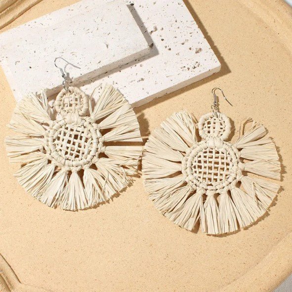 Cream Rattan Lattice Disc & Raffia Tassel Fringe Drop Earrings - Drop Earrings - 18k Gold Plated Waterproof Jewellery - Collection 9