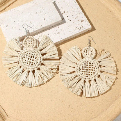 Cream Rattan Lattice Disc & Raffia Tassel Fringe Drop Earrings - Drop Earrings - 18k Gold Plated Waterproof Jewellery - Collection 9