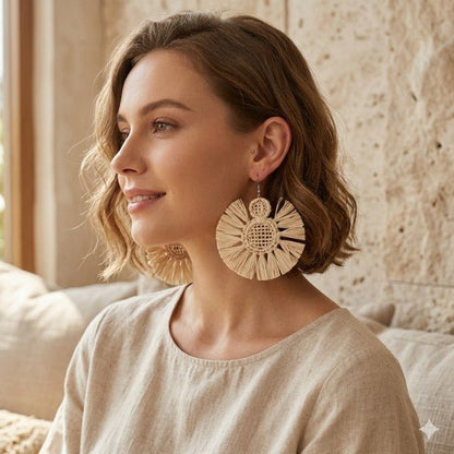 Cream Rattan Lattice Disc & Raffia Tassel Fringe Drop Earrings - Drop Earrings - 18k Gold Plated Waterproof Jewellery - Collection 9