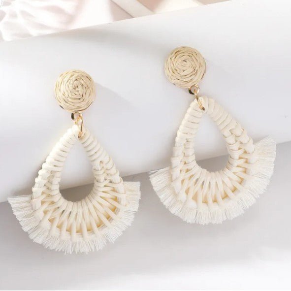 Cream Rattan Woven Teardrop & White Silk Fringe Drop Earrings - Drop Earrings - 18k Gold Plated Waterproof Jewellery - Collection 9