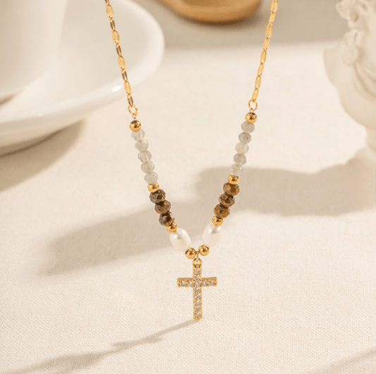 Crystal Cross Beaded Necklace - Jewelry - 18k Gold Plated Waterproof Jewellery - Collection 9