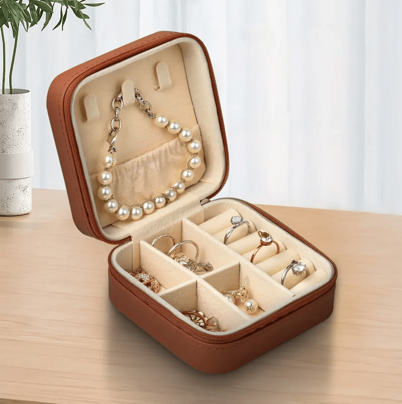 Dark Brown PU Zipper Square Luxury Travel Jewellery Box - Jewellery Boxes - 18k Gold Plated Waterproof Jewellery - Collection 9