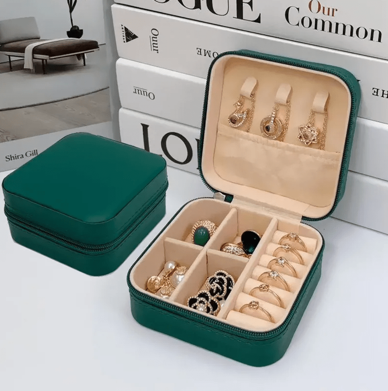 Dark Green Square Luxury Travel Jewellery Box - Jewellery Boxes - 18k Gold Plated Waterproof Jewellery - Collection 9