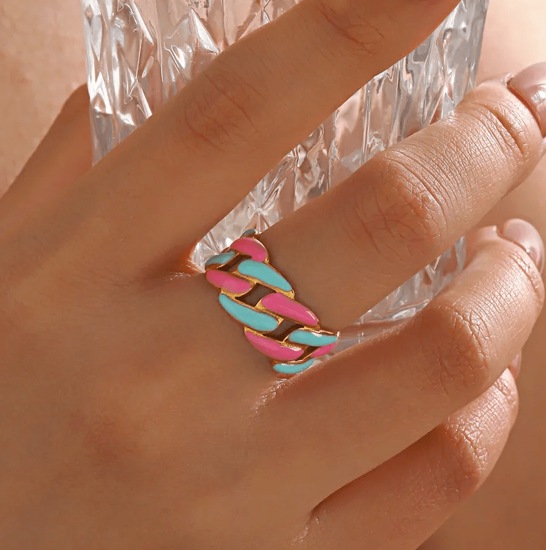 Enamel Woven Adjustable Ring - Jewelry - 18k Gold Plated Waterproof Jewellery - Collection 9