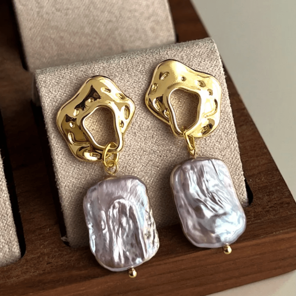 Gold Abstract Baroque Freshwater Pearl Drop Earrings - - 18k Gold Plated Waterproof Jewellery - Collection 9