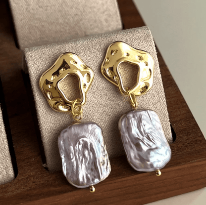 Gold Abstract Baroque Freshwater Pearl Drop Earrings - - 18k Gold Plated Waterproof Jewellery - Collection 9