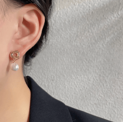 Gold Abstract Disc Freshwater Pearl Drop Earrings - - 18k Gold Plated Waterproof Jewellery - Collection 9