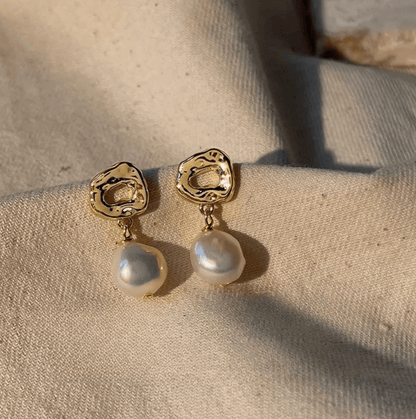 Gold Abstract Disc Freshwater Pearl Drop Earrings - - 18k Gold Plated Waterproof Jewellery - Collection 9