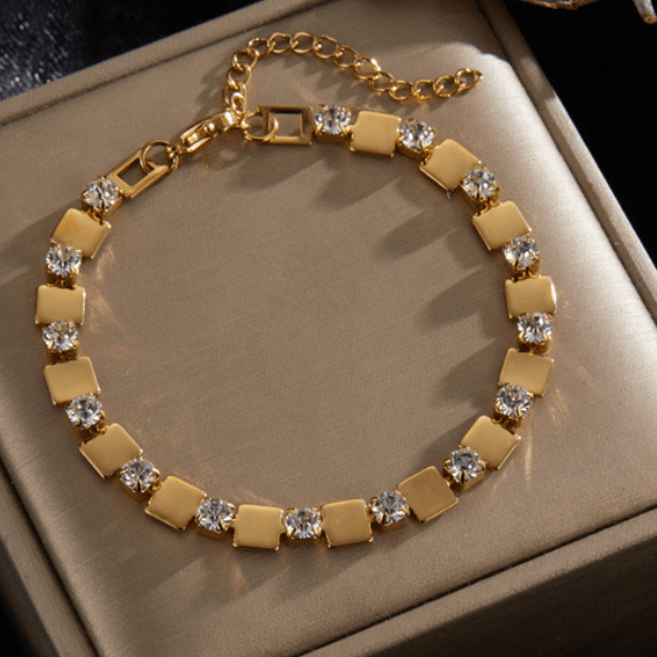 Gold Alternating Square Tile & Crystal Zircon Tennis Bracelet - Bracelets - 18k Gold Plated Waterproof Jewellery - Collection 9