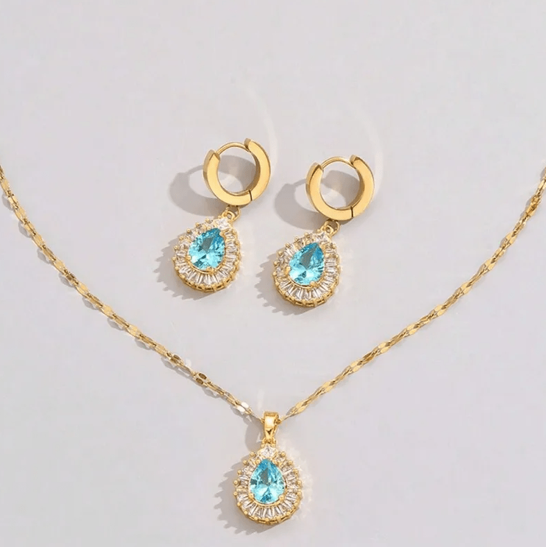 Gold Aqua Blue Crystal Teardrop Jewelry Set - - 18k Gold Plated Waterproof Jewellery - Collection 9