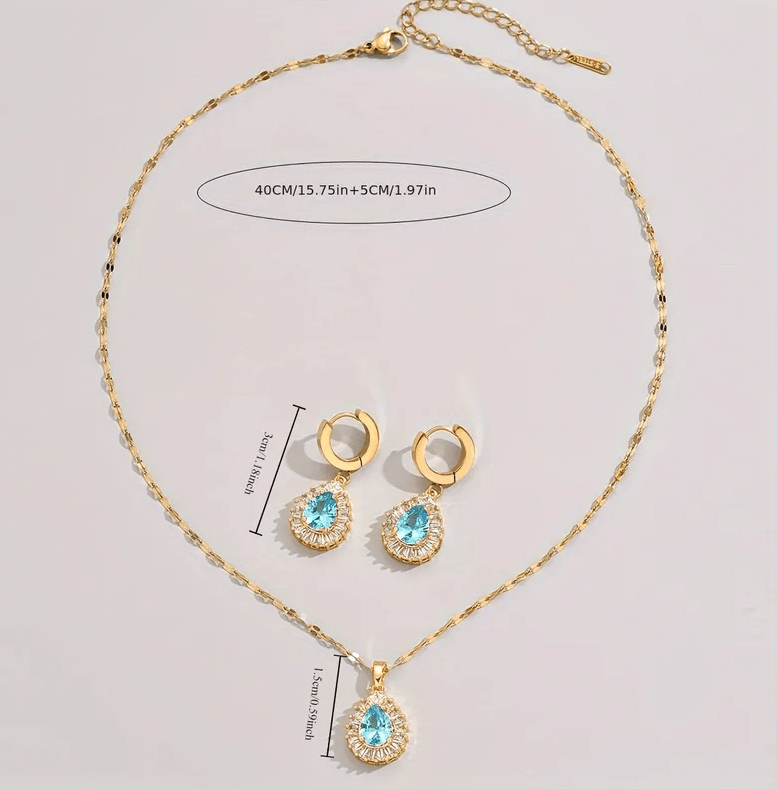 Gold Aqua Blue Crystal Teardrop Jewelry Set - - 18k Gold Plated Waterproof Jewellery - Collection 9