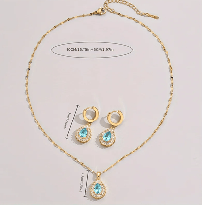 Gold Aqua Blue Crystal Teardrop Jewelry Set - - 18k Gold Plated Waterproof Jewellery - Collection 9