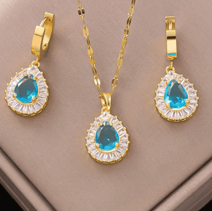 Gold Aqua Blue Crystal Teardrop Jewelry Set - - 18k Gold Plated Waterproof Jewellery - Collection 9