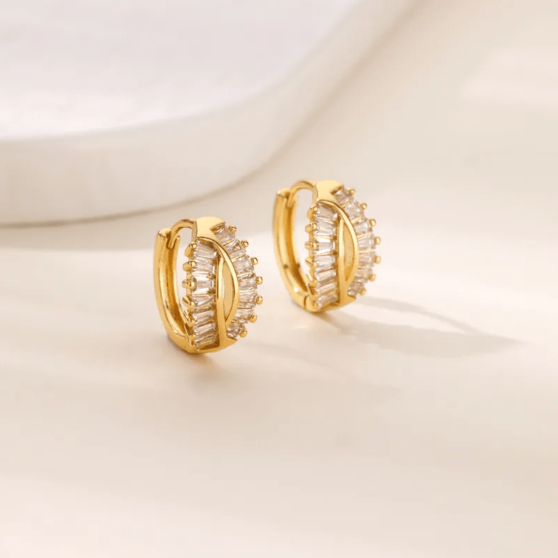 Gold Baguette Crystal Hoop Earrings - - 18k Gold Plated Waterproof Jewellery - Collection 9