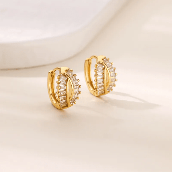Gold Baguette Crystal Hoop Earrings - - 18k Gold Plated Waterproof Jewellery - Collection 9