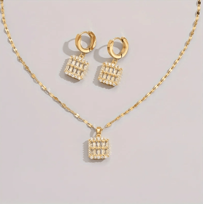 Gold Baguette Crystal Square Jewelry Set - - 18k Gold Plated Waterproof Jewellery - Collection 9