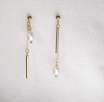 Gold Bar Freshwater Pearl Asymmetric Drop Earrings - - 18k Gold Plated Waterproof Jewellery - Collection 9