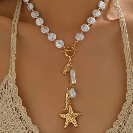 Gold Baroque Pearl Chain Ocean Charm Toggle Necklace - Necklaces - 18k Gold Plated Waterproof Jewellery - Collection 9