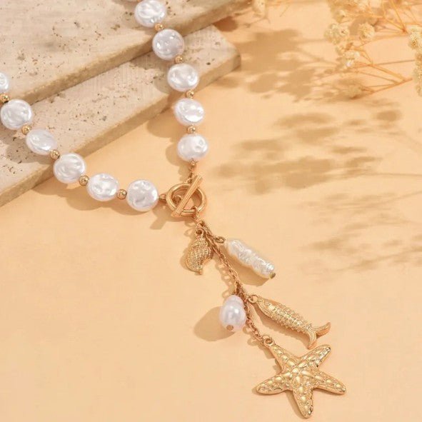 Gold Baroque Pearl Chain Ocean Charm Toggle Necklace - Necklaces - 18k Gold Plated Waterproof Jewellery - Collection 9