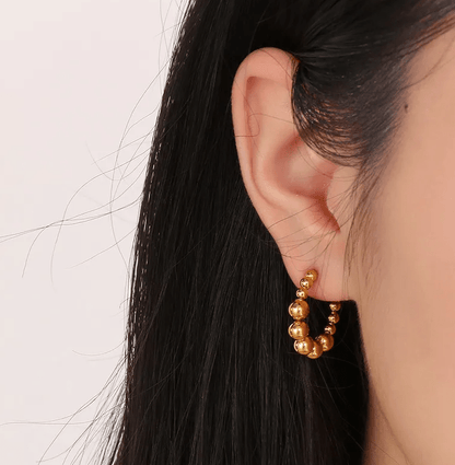 Gold Beaded Huggie Hoop Earrings - - 18k Gold Plated Waterproof Jewellery - Collection 9
