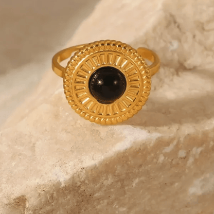 Gold Black Stone Medallion Ring - Jewelry - 18k Gold Plated Waterproof Jewellery - Collection 9