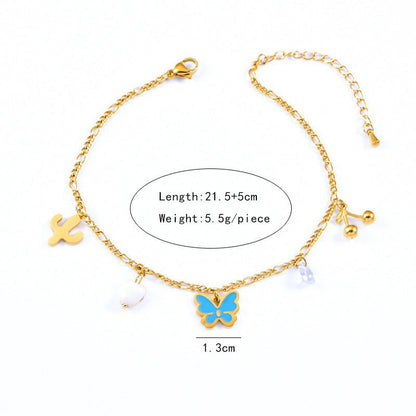 Gold Blue Enamel Butterfly Cactus Charm Anklet - Anklets - 18k Gold Plated Waterproof Jewellery - Collection 9