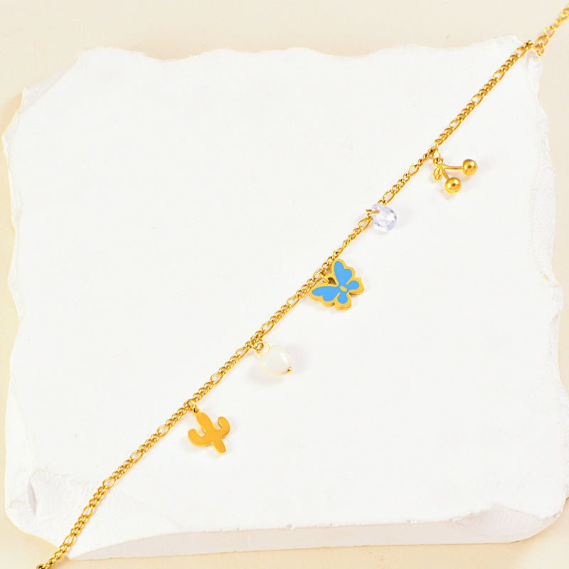 Gold Blue Enamel Butterfly Cactus Charm Anklet - Anklets - 18k Gold Plated Waterproof Jewellery - Collection 9