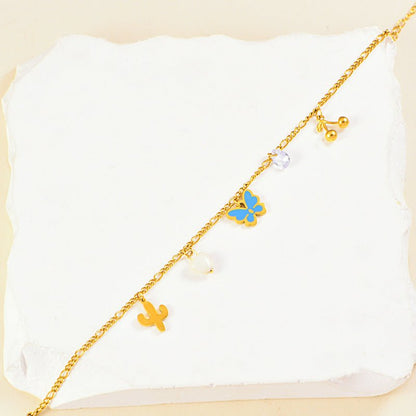 Gold Blue Enamel Butterfly Cactus Charm Anklet - Anklets - 18k Gold Plated Waterproof Jewellery - Collection 9