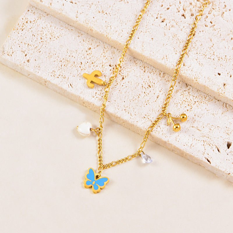 Gold Blue Enamel Butterfly Cactus Charm Anklet - Anklets - 18k Gold Plated Waterproof Jewellery - Collection 9