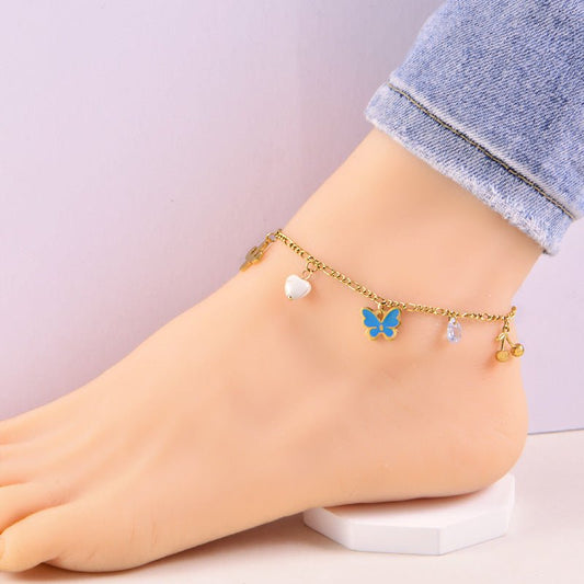 Gold Blue Enamel Butterfly Cactus Charm Anklet - Anklets - 18k Gold Plated Waterproof Jewellery - Collection 9